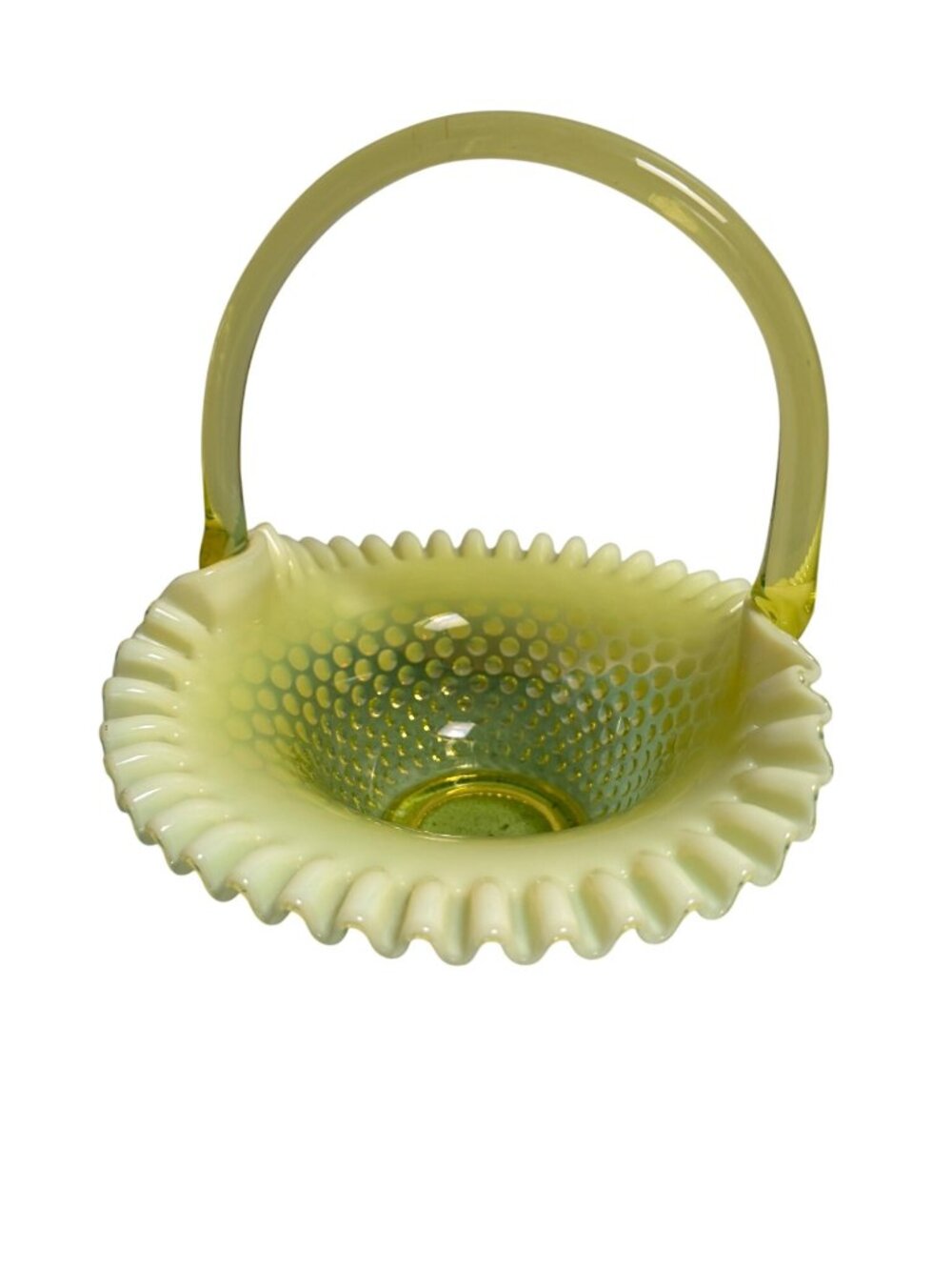 Fenton Uranium Handle Topaz Vaseline Hobnail Ruffled Glass Basket MCM Rare